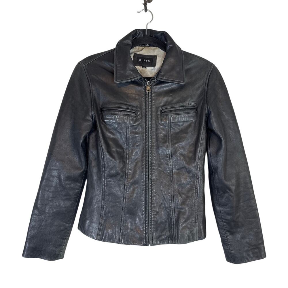 Vintage 90s Guess Black 100% Leather Womens Zip Up Short Jacket Racer Moto Small